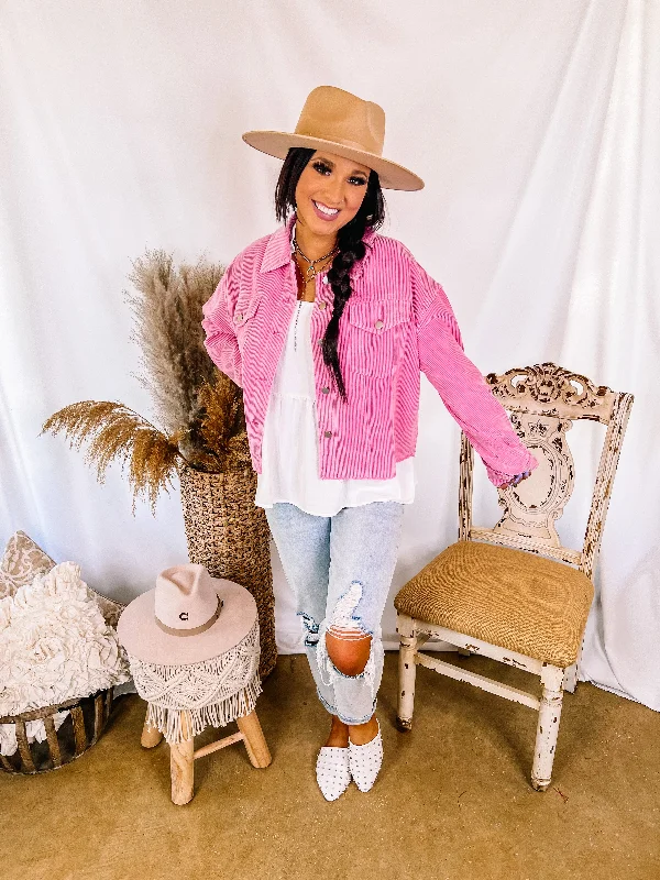 Edgy and Chic Button Up Corduroy Jacket with Raw Hem in Hot Pink