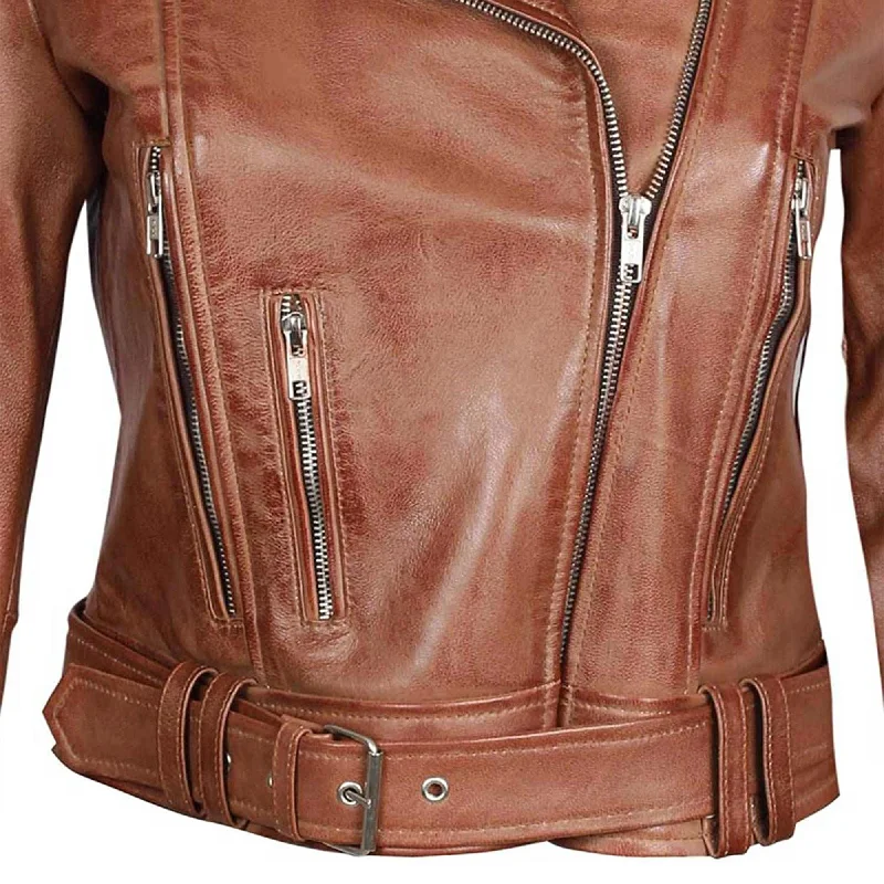 Margaret Brown Leather Asymmetrical Women's Slim Fit Biker Jacket