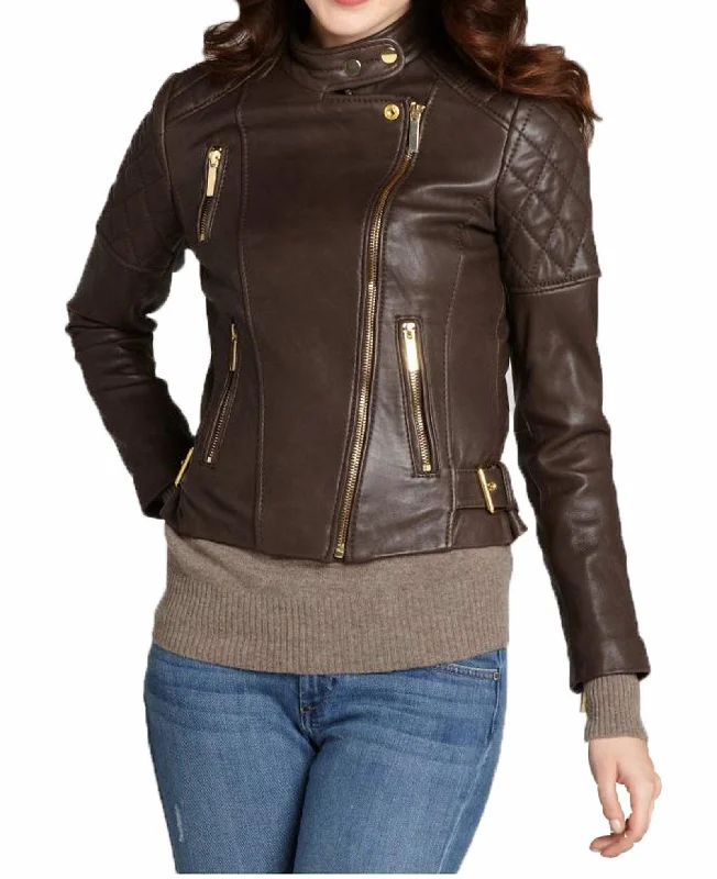 Women's Genuine Leather Motorcycle Jacket Brown WJ003