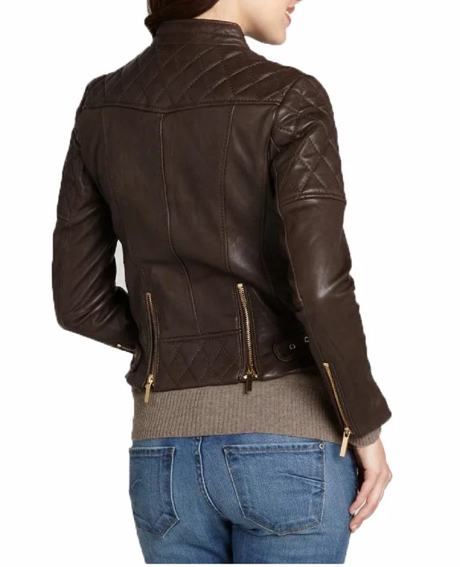 Women's Genuine Leather Motorcycle Jacket Brown WJ003