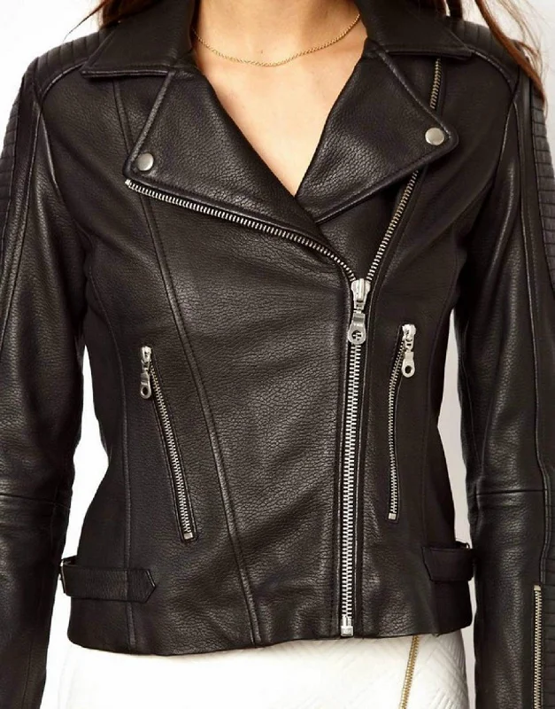 Women's Genuine Leather Motorcycle Jacket Black WJ006