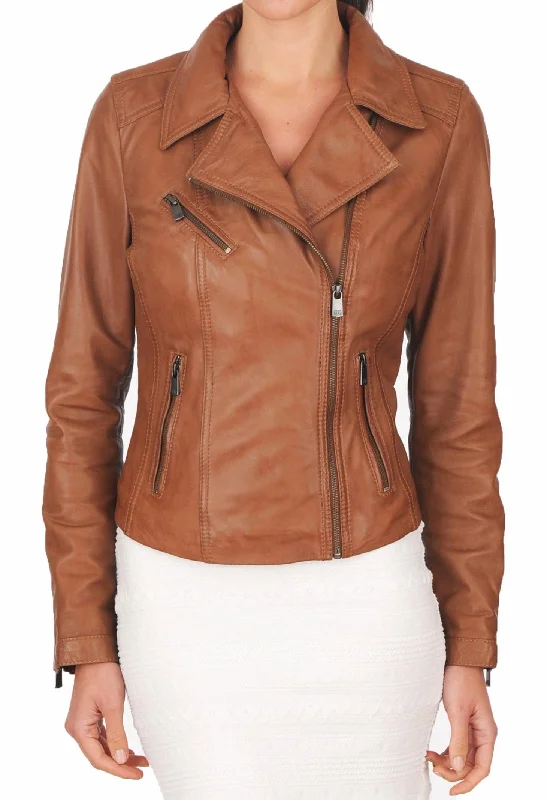 Women's Genuine Leather Motorcycle Jacket Tan WJ007