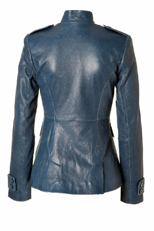 Women's Genuine Leather Motorcycle Jacket Blue WJ015