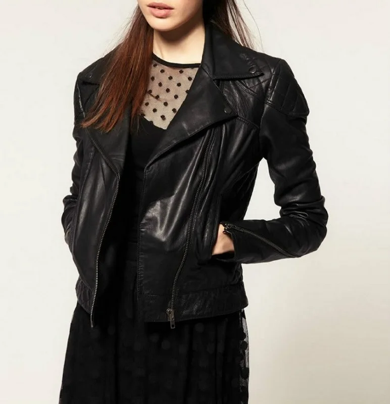 Women's Genuine Leather Motorcycle Jacket Black WJ016