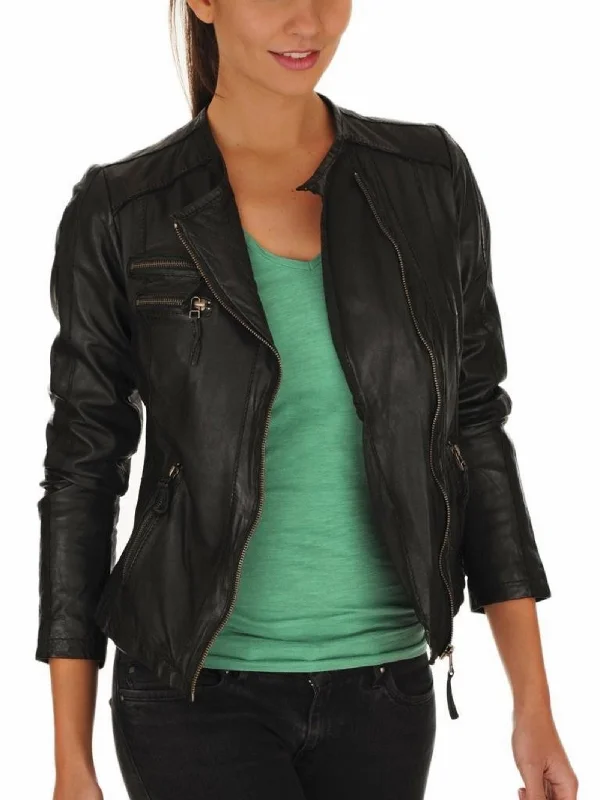 Women's Genuine Leather Motorcycle Jacket Black WJ017