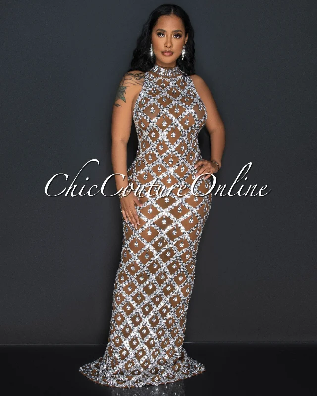 Carolynn Brown Silver Sequins & Rhinestones Mesh Gown