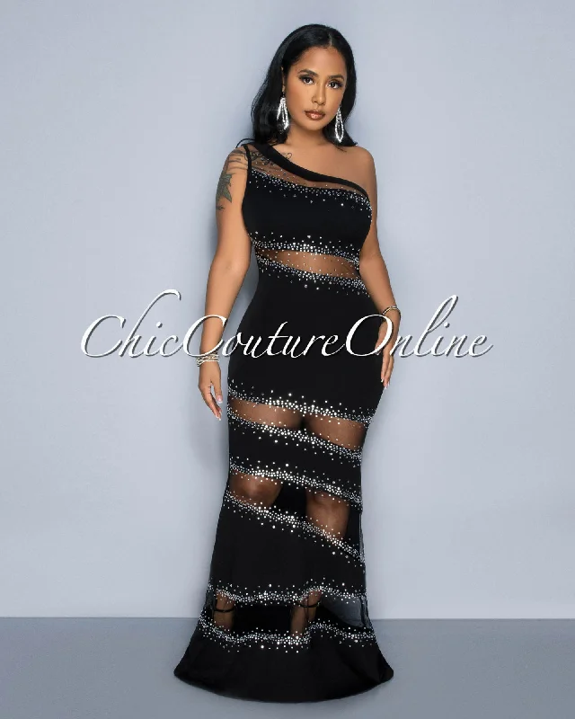 Corine Black Mesh Rhinestones Maxi Dress