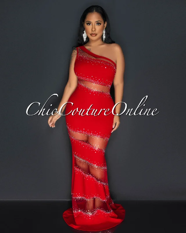 Corine Red Mesh Rhinestones Maxi Dress