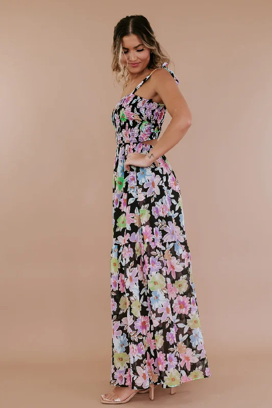 Floral Smocked Crisscross - Back Chiffon Maxi