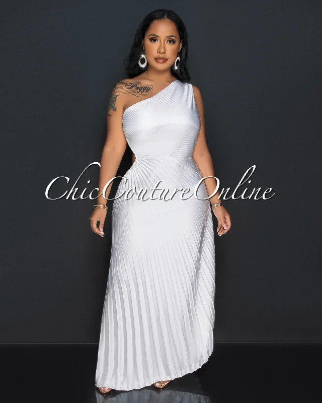 Genevieve Off-White Pleated Single Shoulder Silky Maxi Dress