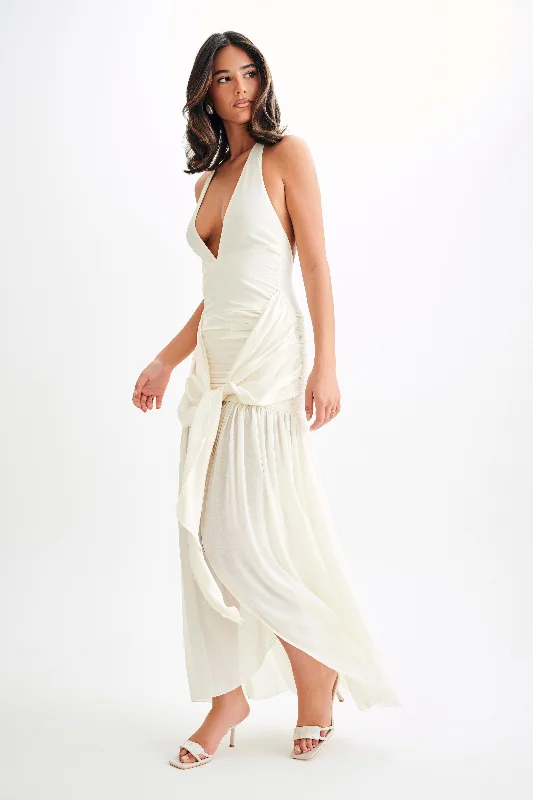 Graziana Satin Chiffon Plunge Maxi Dress - Ivory