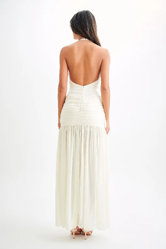 Graziana Satin Chiffon Plunge Maxi Dress - Ivory