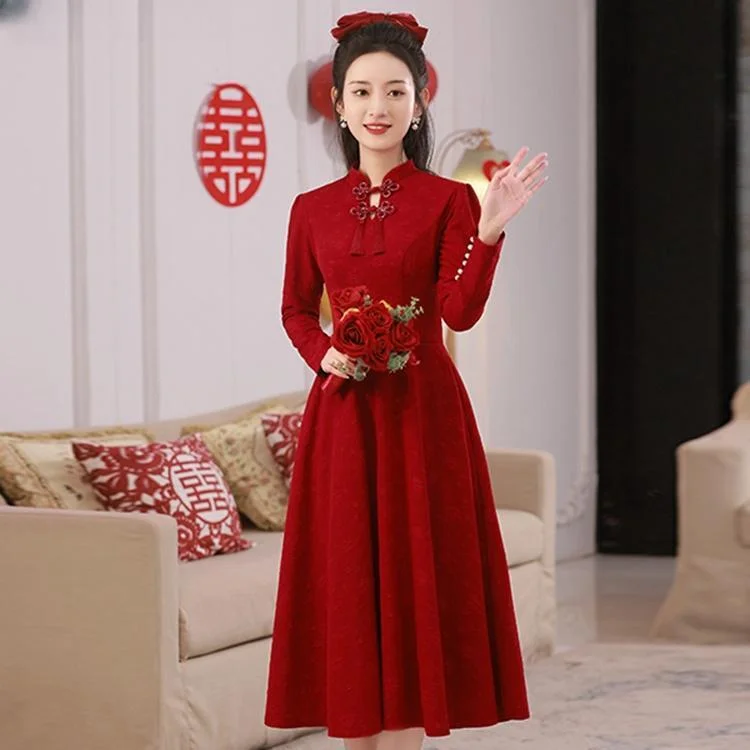 Long Sleeve A-line Knee Length Cheongsam Toasting Dress Wedding Gown