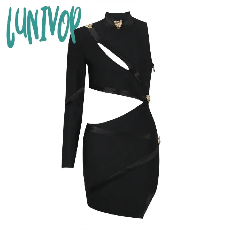 Lunivop Fashion Black Hollow Sexy Long Sleeve One Shoulder Elegant Mini Bandage Dress Vestidos De Fiesta Elegantes Para Mujer  Prom