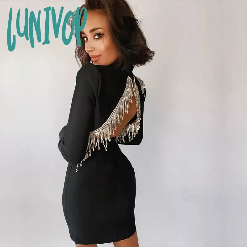 Lunivop Women White Black Sexy Sparkly Backless Diamond Tassel Vestido Bandage Dress Long Sleeve Bodycon Club Evening Party Mini Dresses