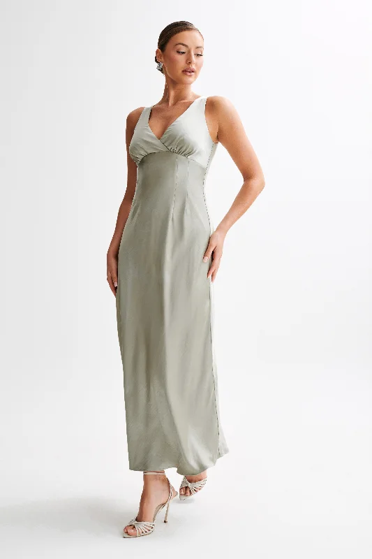 Meghan Short Sleeve Satin Maxi Dress - Sage