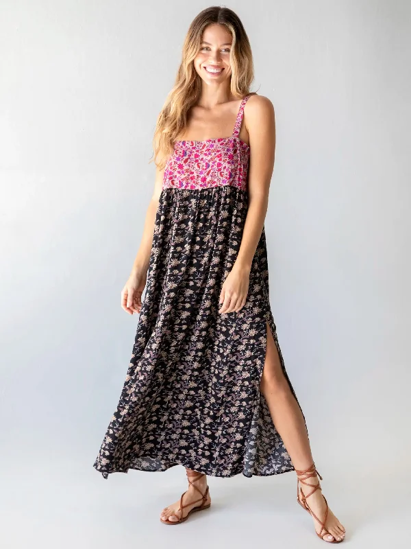 Patti Side Slit Maxi Dress - Pink Black Floral Mix