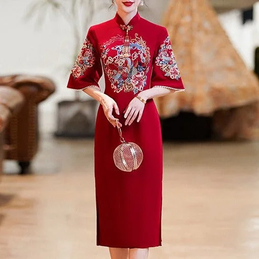 Phoenix & Floral Embroidery Trumpet Sleeve Cheongsam Top Chinese Prom Dress