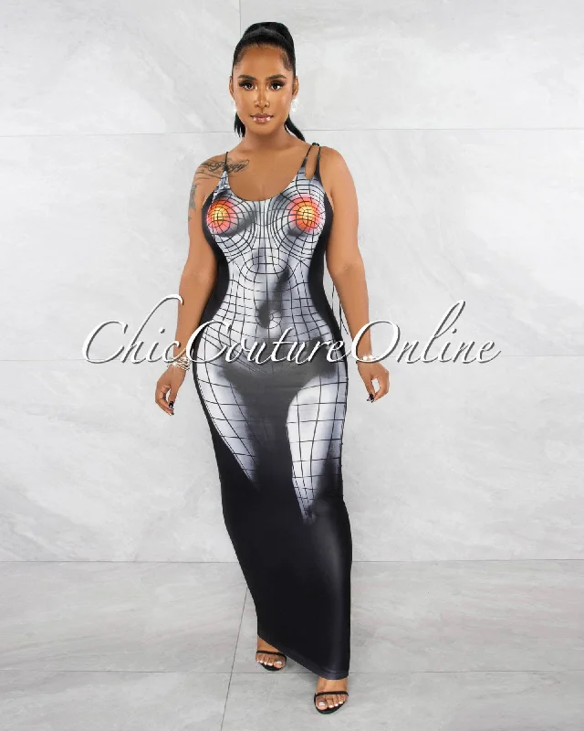 Simone Black Grey Body Shape Graphic Maxi Dress