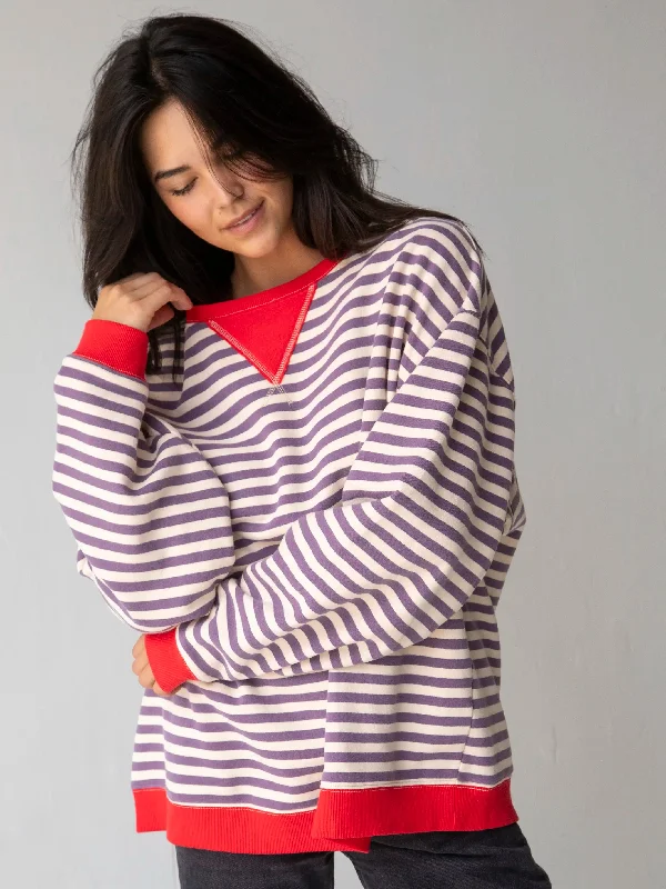 Oversized Striped Sweatshirt - Cream Purple Stripes