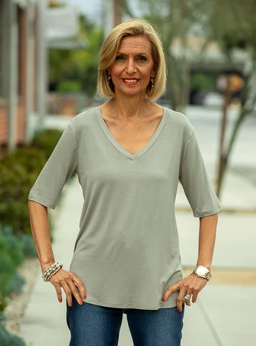 Sage V Neck Elbow Length Sleeve Top