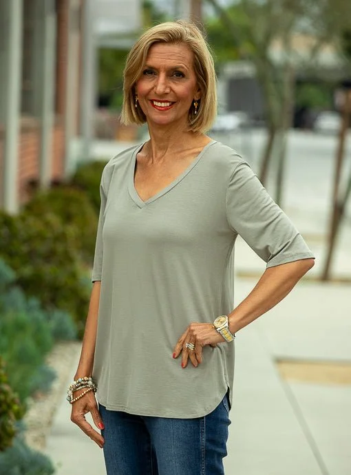 Sage V Neck Elbow Length Sleeve Top