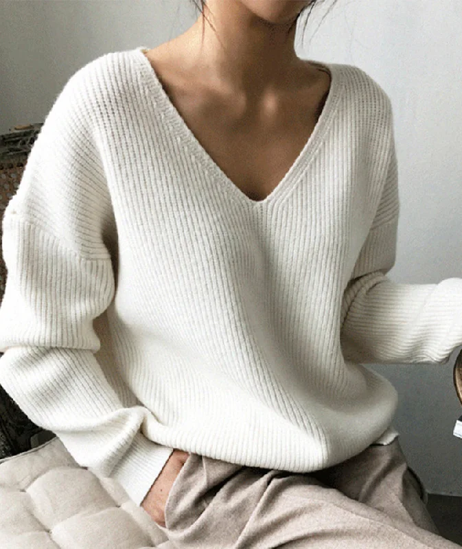 Simple v neck neck sweater long sleeve sweater  113