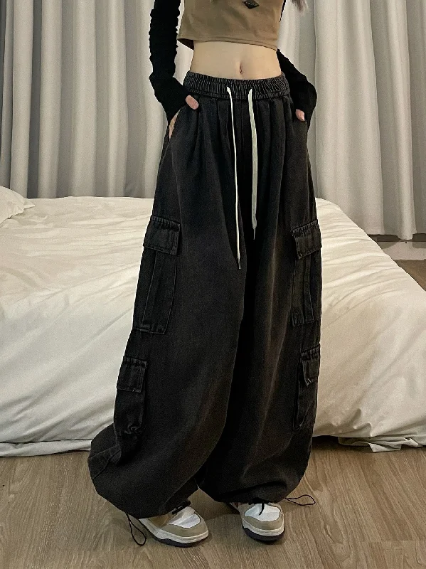 Dian Solid Color Retro Streetwear Straight Wide Leg Multi-Pocket High Waist Cargo Pants