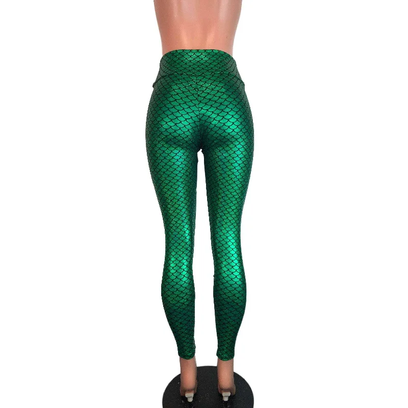 Green Mermaid Scale Holographic High Waisted Leggings Pants