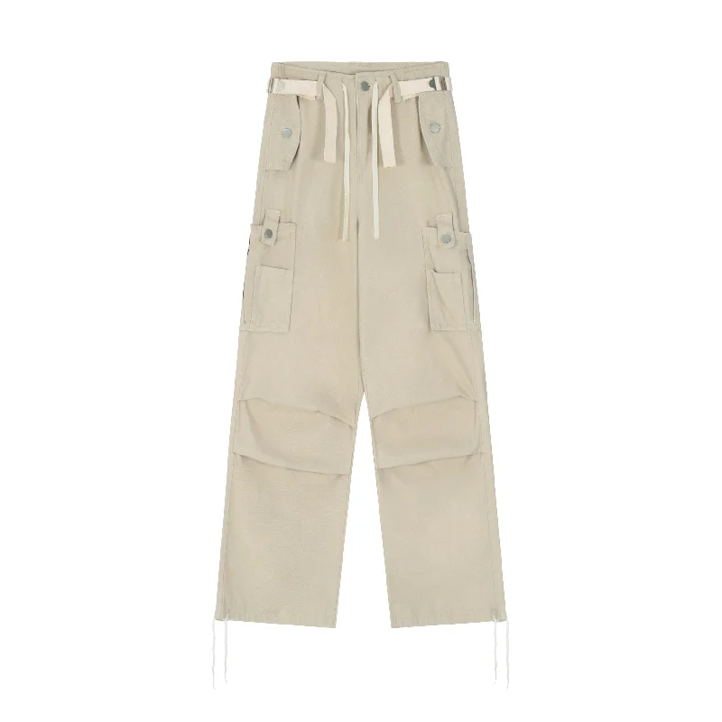 Kenny Solid Color Multi-Pocket High Waist Straight Wide Leg Cargo Pants