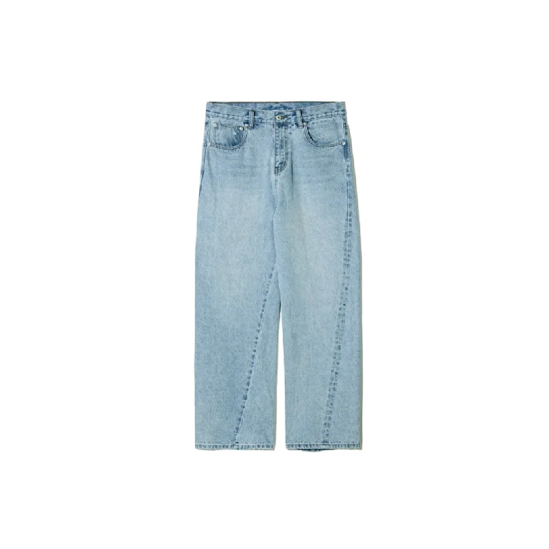 Partimento Unbalanced Curved Denim Pants - Light Blue