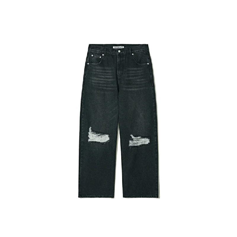 Partimento Wide Cut Off Denim Pants - Gray