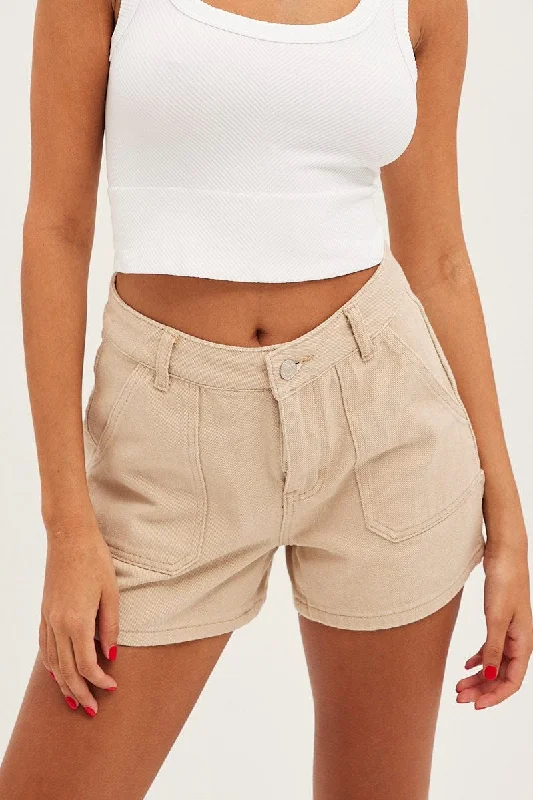 Beige Relaxed Denim Shorts High Rise