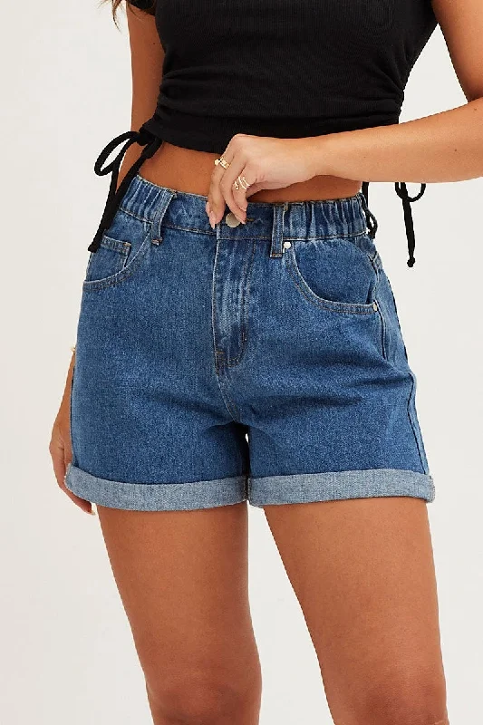 Blue High Rise Relaxed Denim Shorts