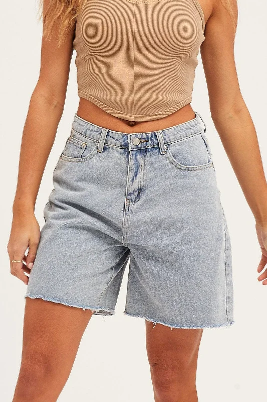 Blue High Waist Longline Denim Shorts