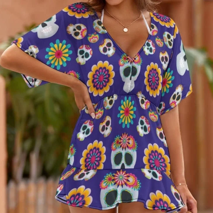 Ladies Mexican Skulls Thin Short Sleeve Beach Cover Up