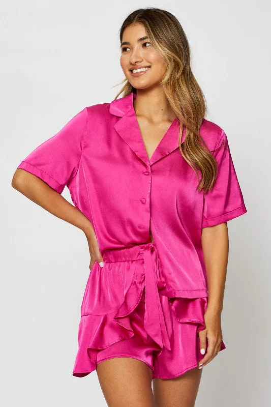 Pink Satin Pajamas Set Short Sleeve