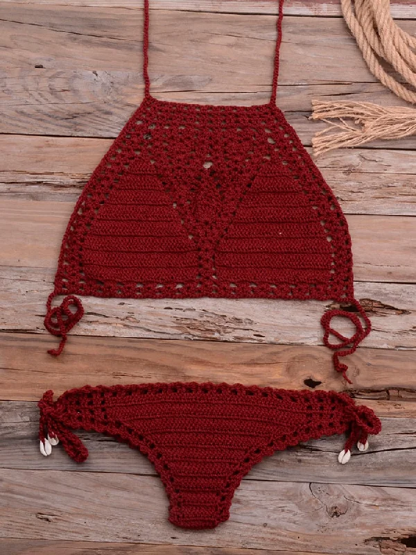 Women's Sexy G String Lattice Hollow Crochet Swimwear Micro Bikini Set