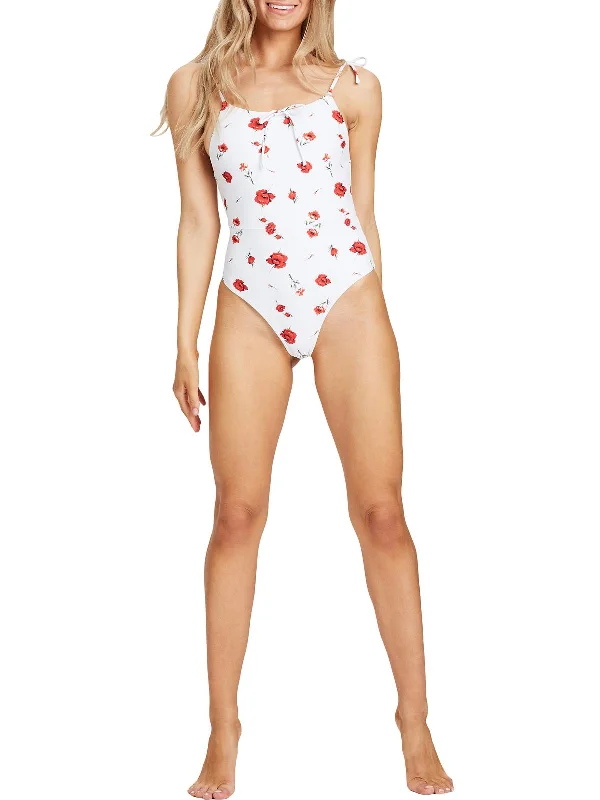 Womens Tie Front Floral One-Piece Swimsuit