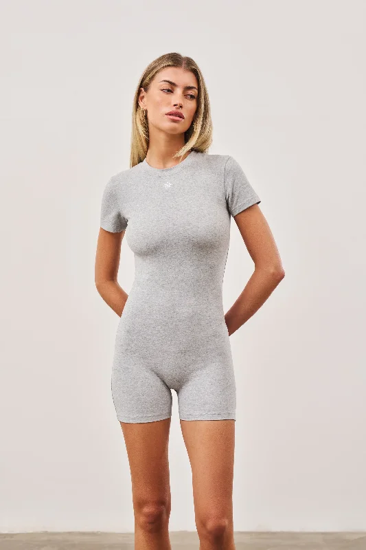 SOFT TOUCH SHORT SLEEVE FITTED UNITARD - GREY MARL