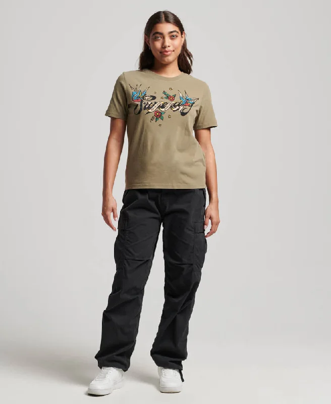 Tattoo Script Graphic T-Shirt | Moss Khaki