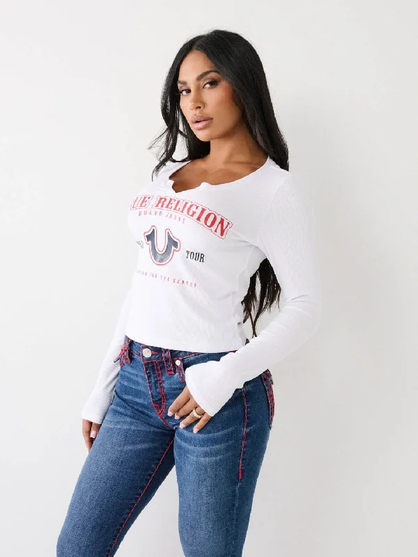 True Religion Women White Printed Round Neck Full Sleeves T Shirt