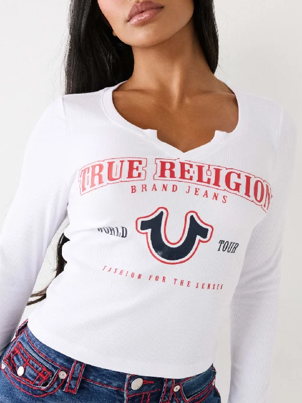 True Religion Women White Printed Round Neck Full Sleeves T Shirt