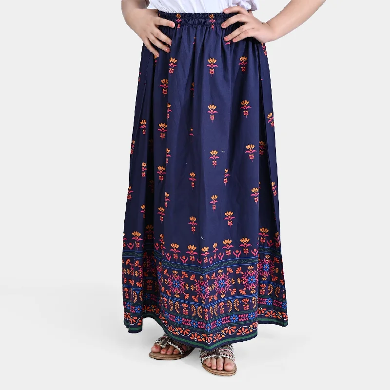 Girls Cotton Poplin Long Skirt Blooming-Navy Blue