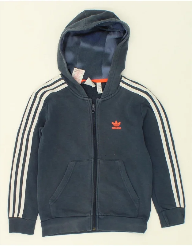 ADIDAS Boys Zip Hoodie Sweater 7-8 Years Navy Blue Cotton