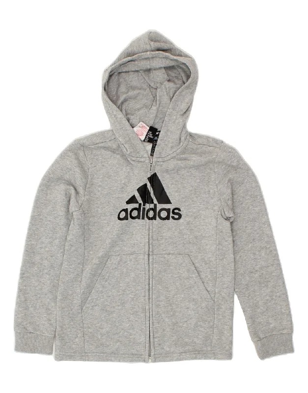 ADIDAS Girls Graphic Zip Hoodie Sweater 9-10 Years Grey Cotton