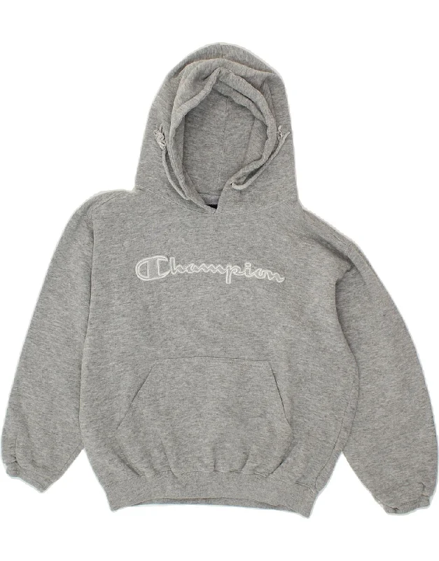 CHAMPION Girls Graphic Hoodie Jumper 9-10 Years Grey Cotton