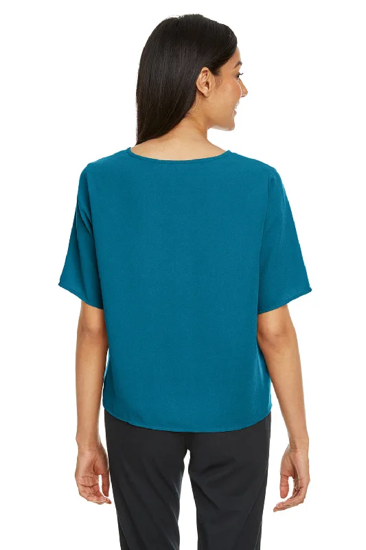 Devon & Jones Womens Perfect Fit Tie Front Short Sleeve Blouse - Dark Teal Blue