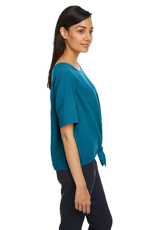 Devon & Jones Womens Perfect Fit Tie Front Short Sleeve Blouse - Dark Teal Blue