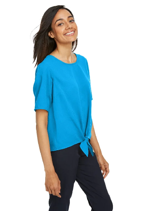 Devon & Jones Womens Perfect Fit Tie Front Short Sleeve Blouse - Ocean Blue